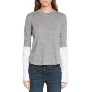 Veronica Beard Roscoe Crewneck Wool Sweater Poplin Sleeves L